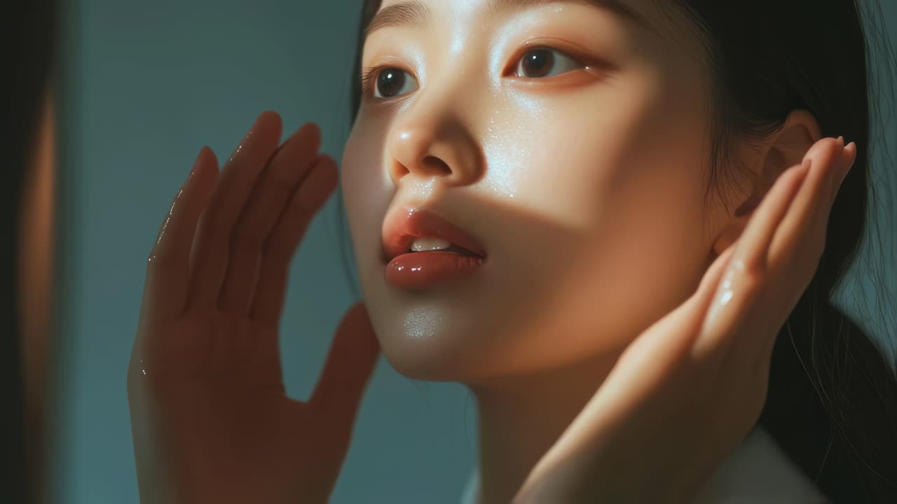 Beautiful model with perfect skin and light makeup posing with her eyes almost closed, touching her face with her hands, enjoying warm sunlight