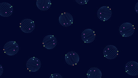 repeat futuristic spheres pattern in rows with neon motion dots on black gradient