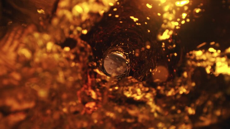 el vórtice de cerveza que fluye a través de la botella visto desde el interior en cámara lenta - la luz brilla a través del vidrio ámbar