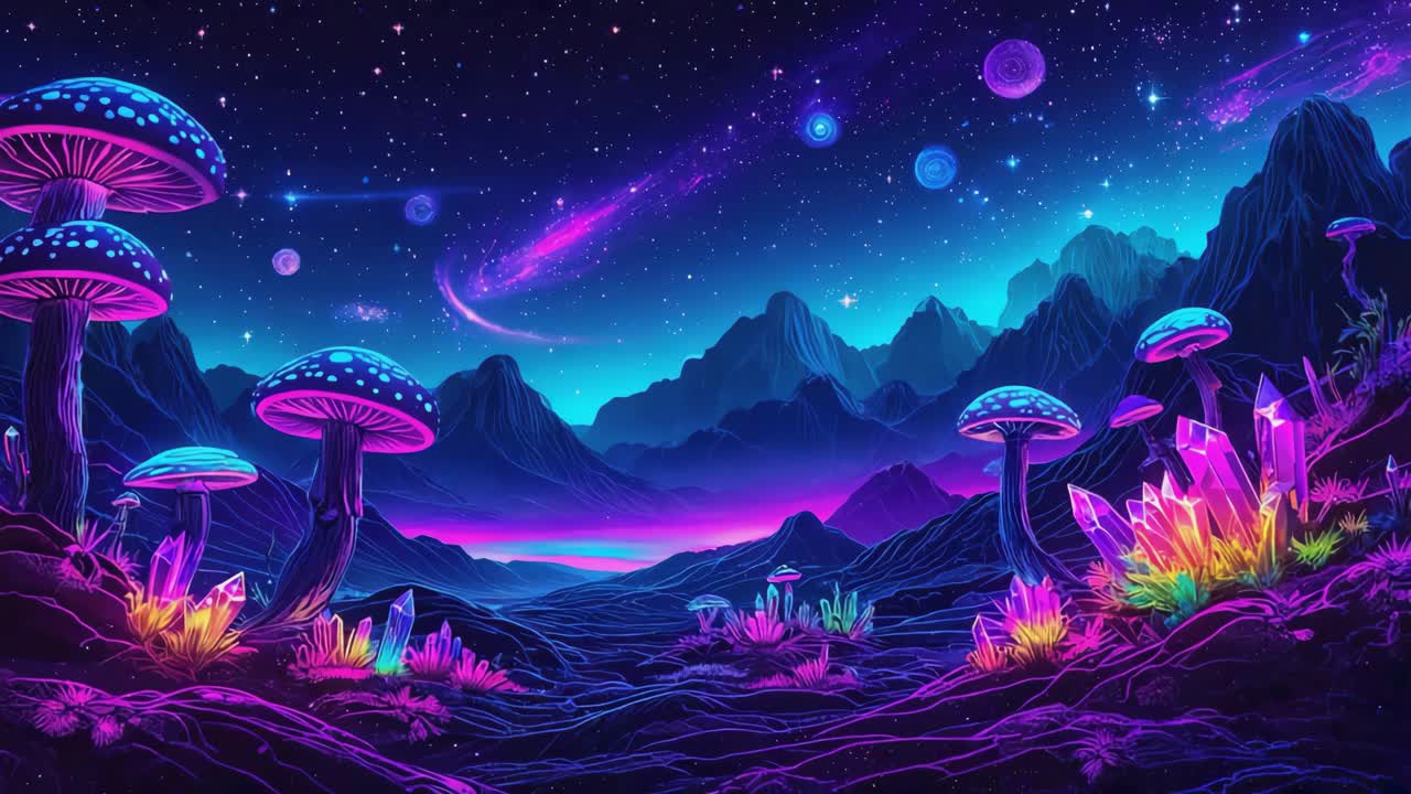 Vibrant Psychedelic Night Landscape with Glowing Mushrooms and Crystals