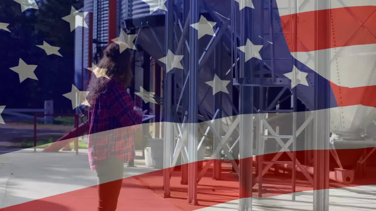 배경에 있는 여성 위에 흔들리는 미국  ⁇ 발의 애니메이션