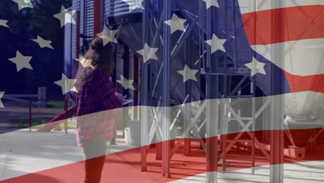 animation of american flag waving over woman in the background