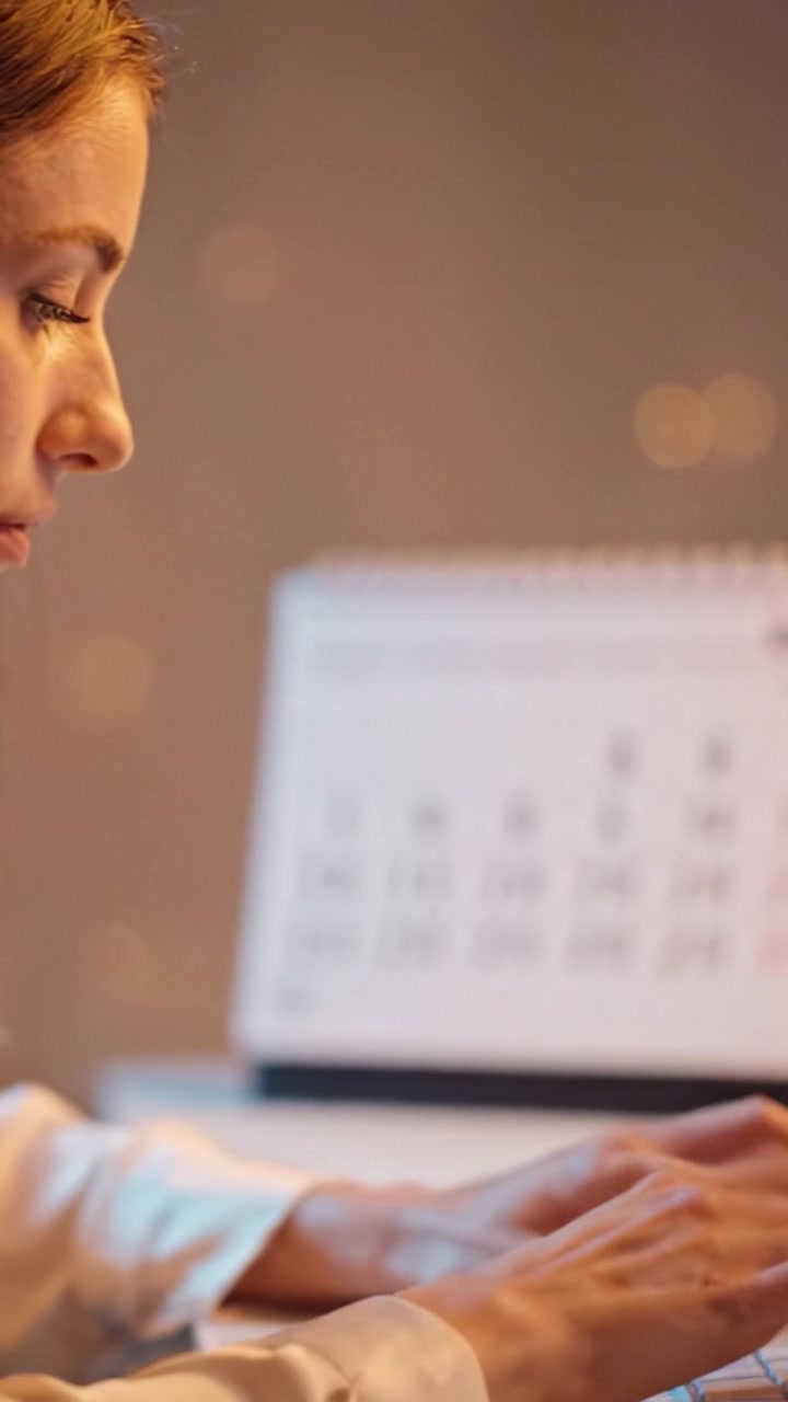 A close-up view of a focused individual working diligently on a laptop, with a calendar in the background, symbolizing productivity and time management efforts.