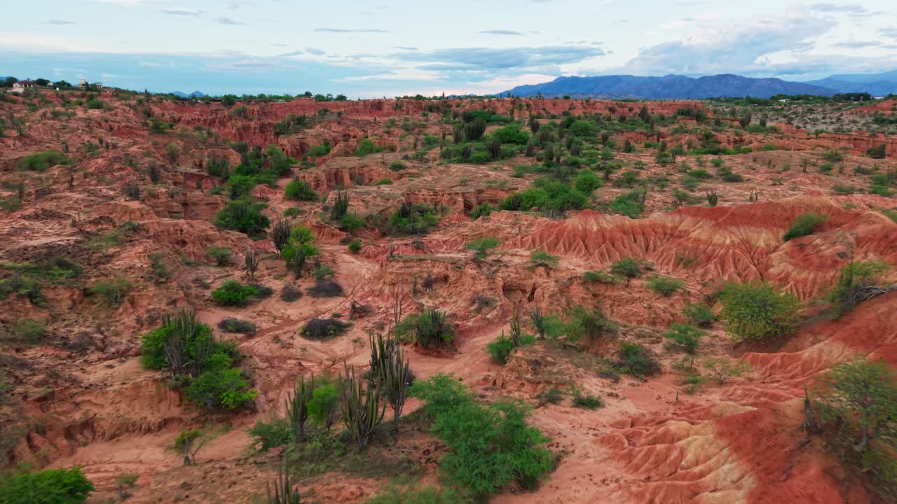 Cinematic aerial shot of the stunning red landscape and canyons of the tatacoa desert in colombia