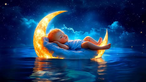 a dreamy baby peacefully resting on a luminous crescent moon amidst the soft serene night sky