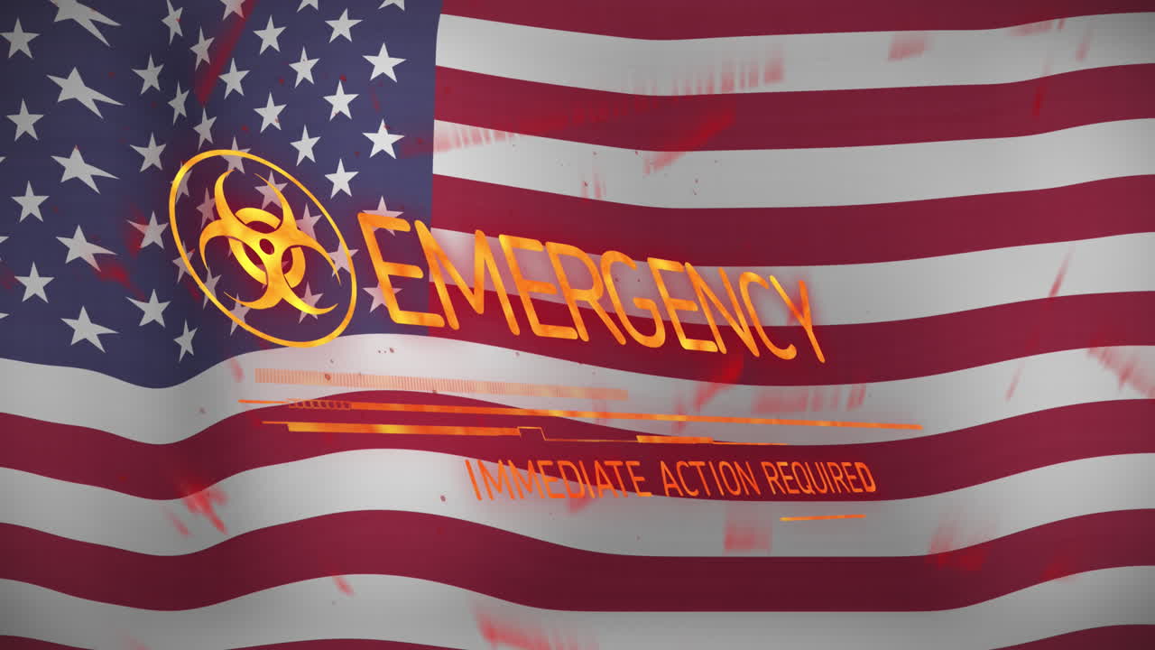 미국 발을 흔들고 있는 배경에 생물학적 위험 기호를 가진 비상 문자 배너의 애니메이션