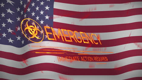 animation of emergency text banner with biohazard symbol against waving usa flag background