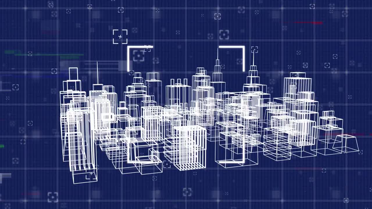 Animation of shapes and city on blue background