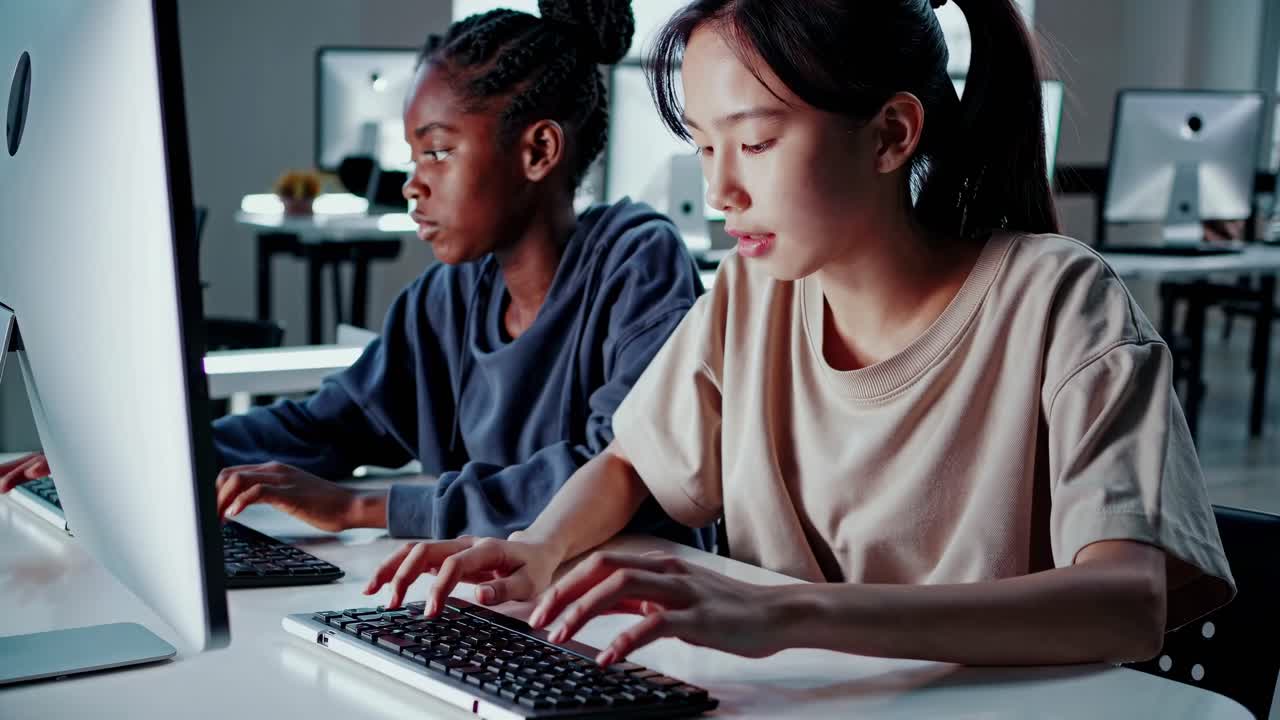 Two women focused on typing at computers in a modern office. The video captures a side angle