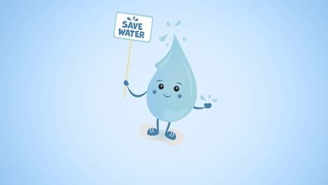 animation of save water text on placard held by water droplet on blue background