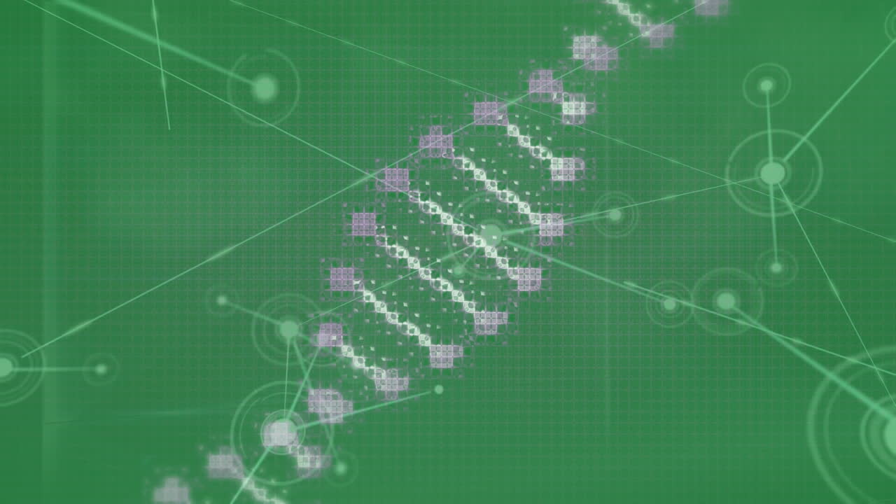 animación de giro de cadena de adn y red de conexiones con puntos en fondo verde.