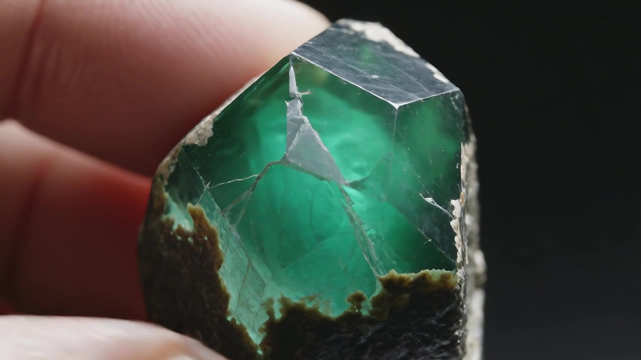 Dita che inclinano un esemplare verde sfaccettato su sfondo scuro, rivelando un nucleo luminoso e una matrice.
