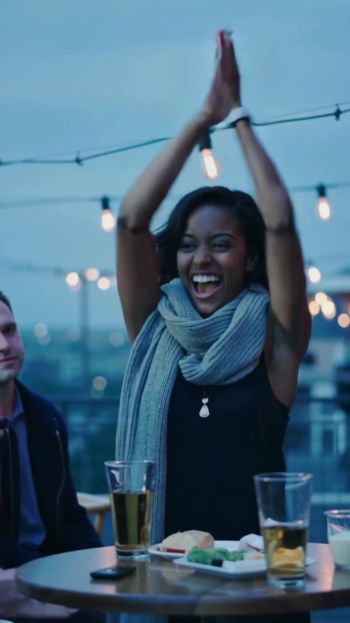 Vertical video: Starting woman with scarf raising arms, celebrating on rooftop at dusk