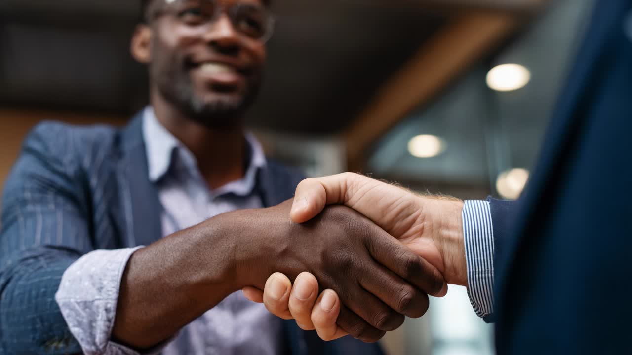 A Professional Handshake Symbolizing Cooperation and Partnership Between Two Individuals in a Business Setting, Emphasizing Trust and Collaboration in a Modern Office Environment