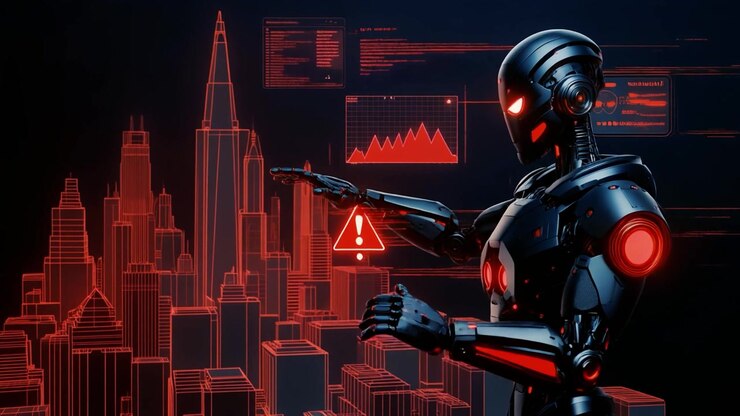 Futuristic Robot Interacting with Digital City Data Interface