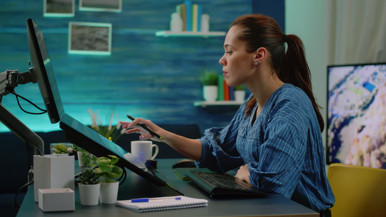 Woman photographer holding stylus and editing pictures