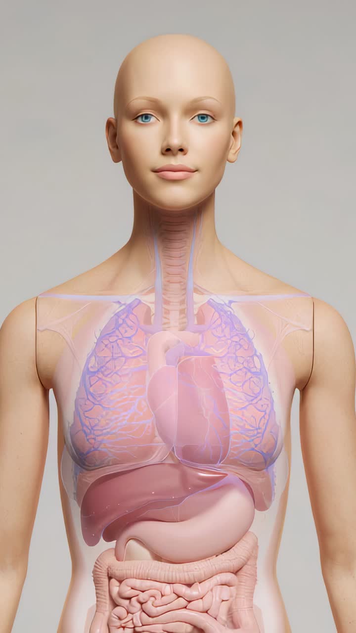 Video verticale: durante la riproduzione, rendering in 3D che mostra la sovrapposizione del busto, dei polmoni e del cuore che pulsa in laboratorio per lo studio