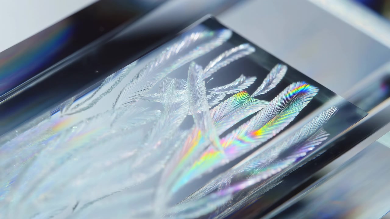 Delicate ice crystals cover glossy dark glass as shifting prismatic highlights reveal fine featherlike branches, layered frozen textures, and reflective edges in close view.