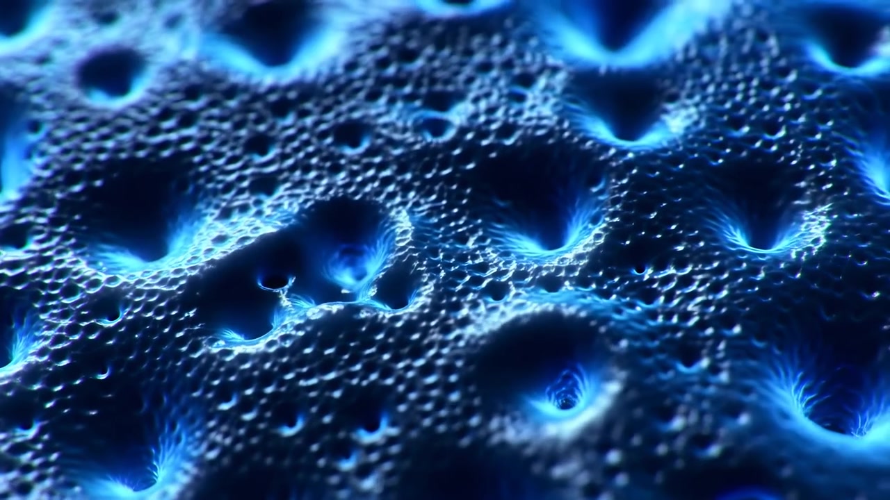 Primer plano de una superficie texturizada azul oscuro con hoyos tipo cráter, reflejos brillantes y una iluminación dramática suave que llena el encuadre con una sensación futurista orgánica.
