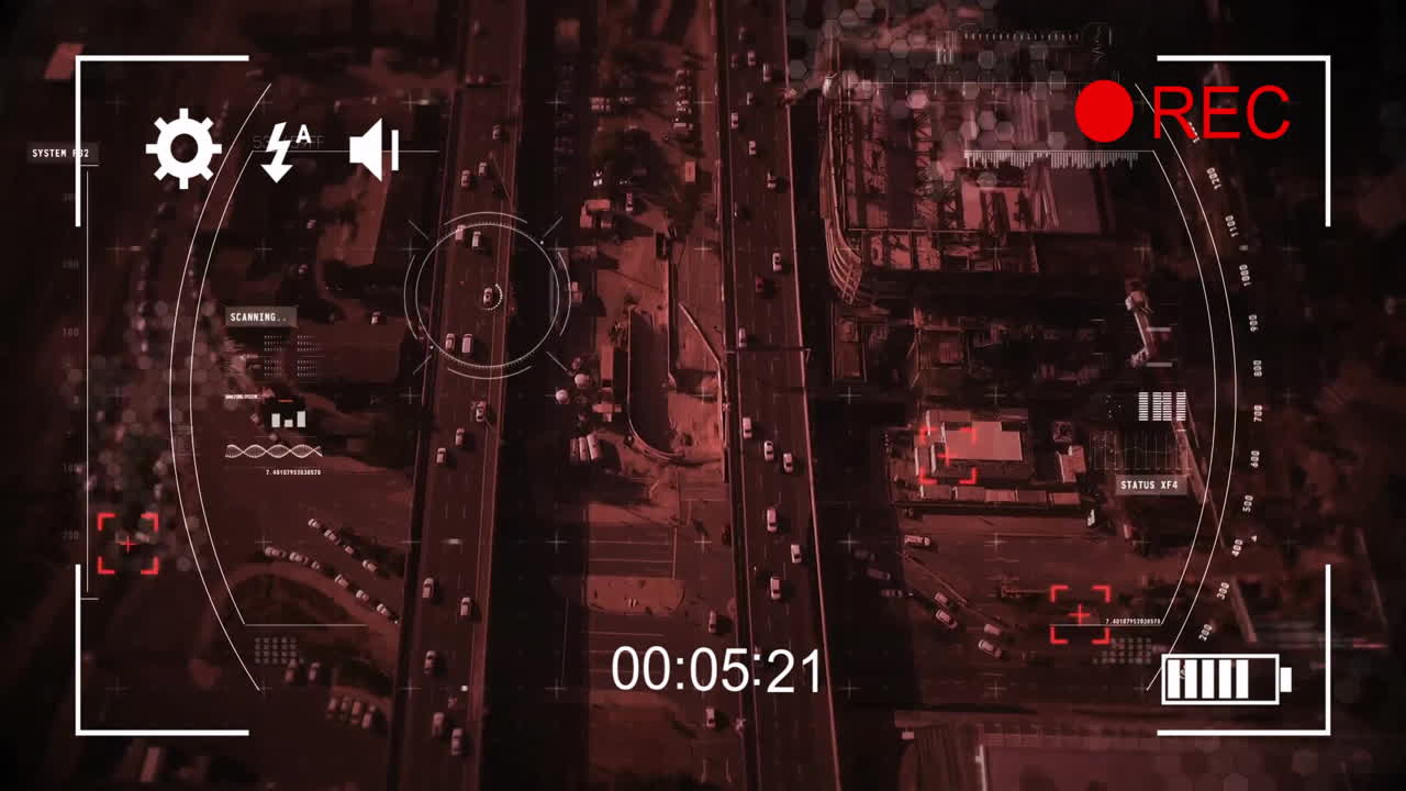 Aerial view of busy highway with data tracking animation over cityscape