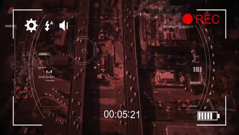 aerial view of busy highway with data tracking animation over cityscape