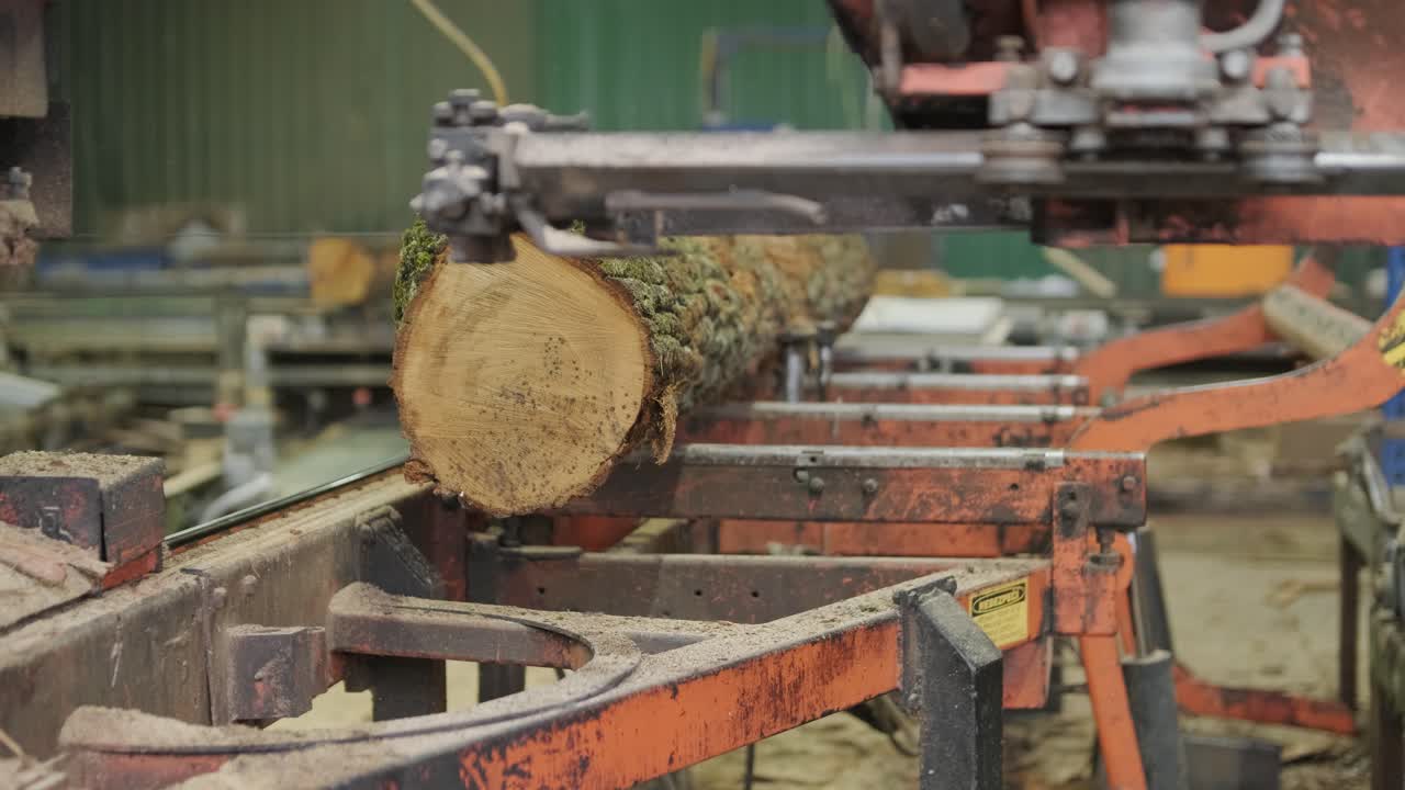 Máquina de Serraria Cortando um Grande Tronco