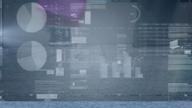 Animation of financial data processing over diverse people walking on street