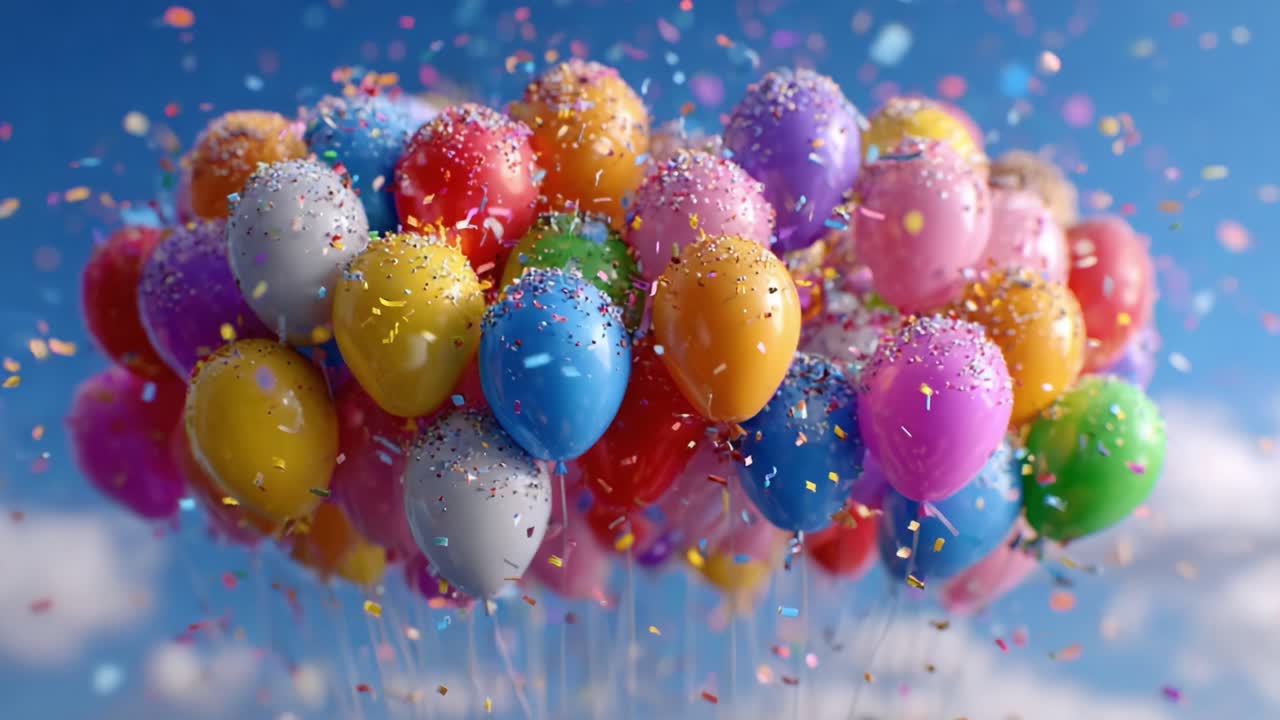 Una vivace collezzione di palloncini colorati circondati da festosi coriandoli, con un cielo azzurro sullo sfondo, perfetta per feste e occasioni gioiose
