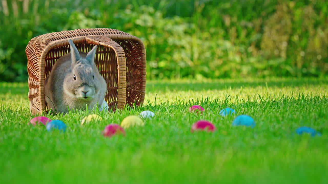 conejo de pascua escondido en una canasta con huevos