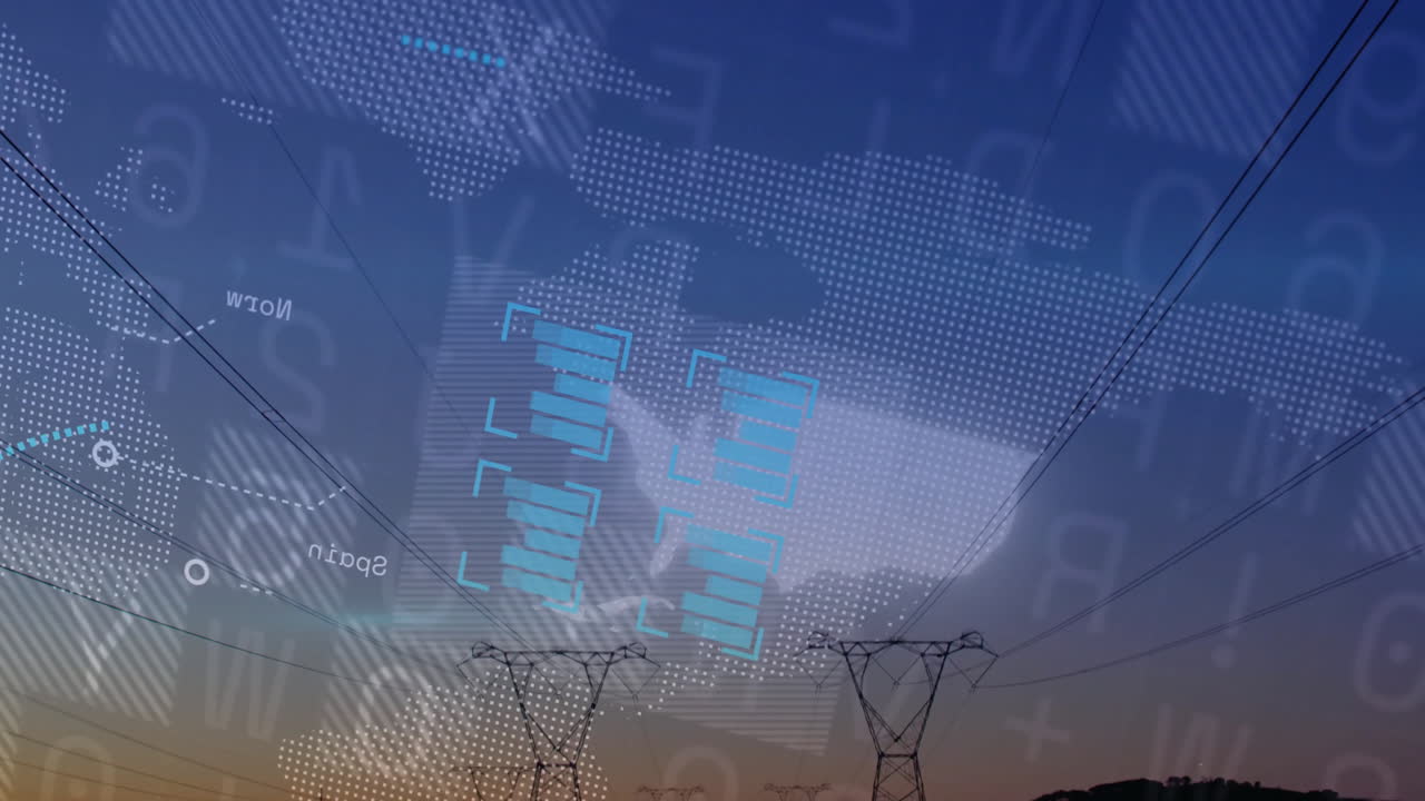 Power lines silhouetted against digital data and world map animation in sky
