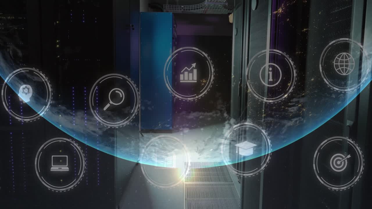animación de múltiples iconos digitales en todo el mundo contra la sala de servidores de computadoras