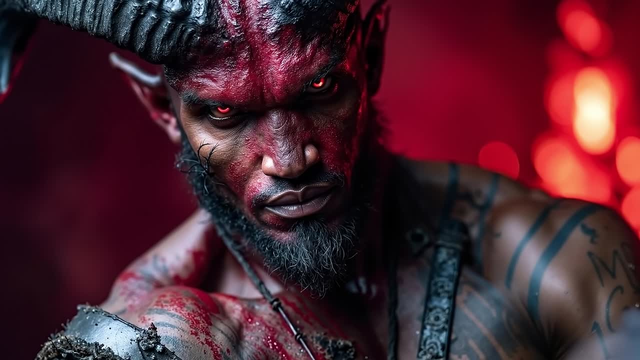 A man with horns and a beard smoking a cigarette