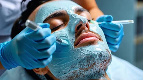 man receiving a facial mask application
