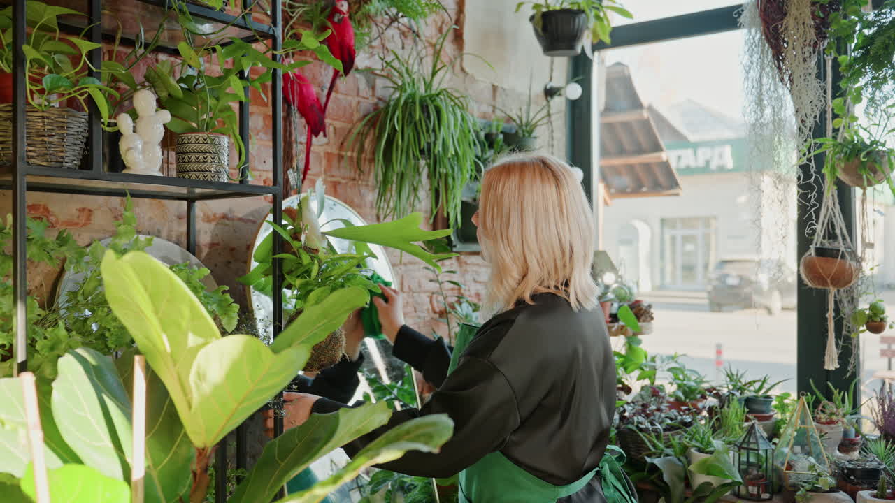 Florista branca cuidando de plantas na janela, com mãos delicadas aparando folhas e colocando vasos em prateleira de metal, rua da cidade visível através do vidro, samambaias exuberantes penduradas e atmosfera calma de estúdio para o cuidado das plantas.