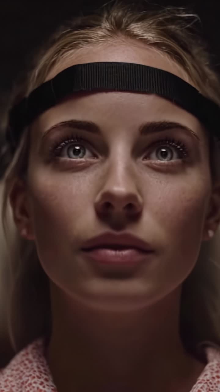 A series of powerful close-up frames reveal the transformation of a woman as she undergoes a significant emotional or psychological experience, engaging the viewer with her expressive eyes