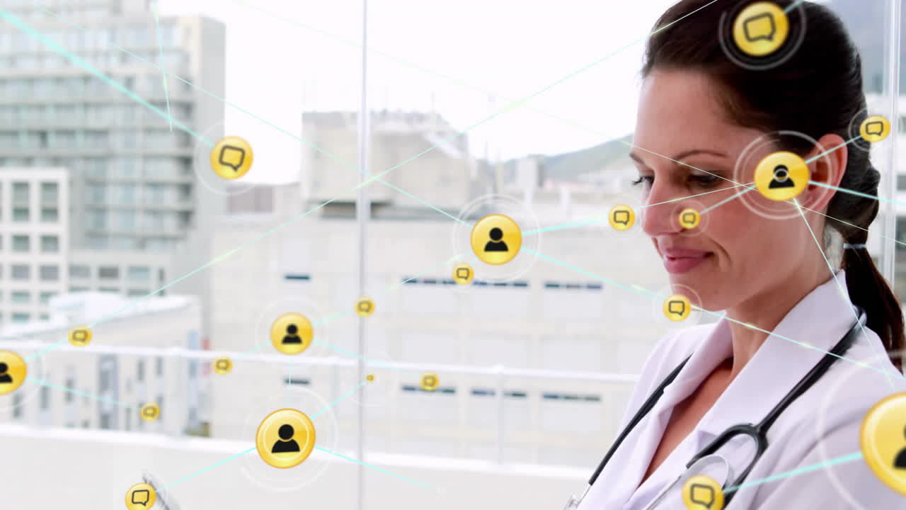 Animation of communication network over happy caucasian female doctor using tablet