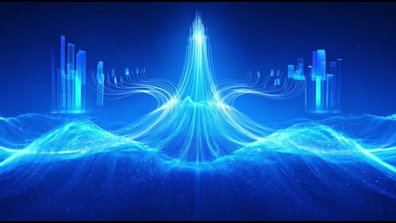 Abstract Digital Cityscape with Glowing Blue Data Streams