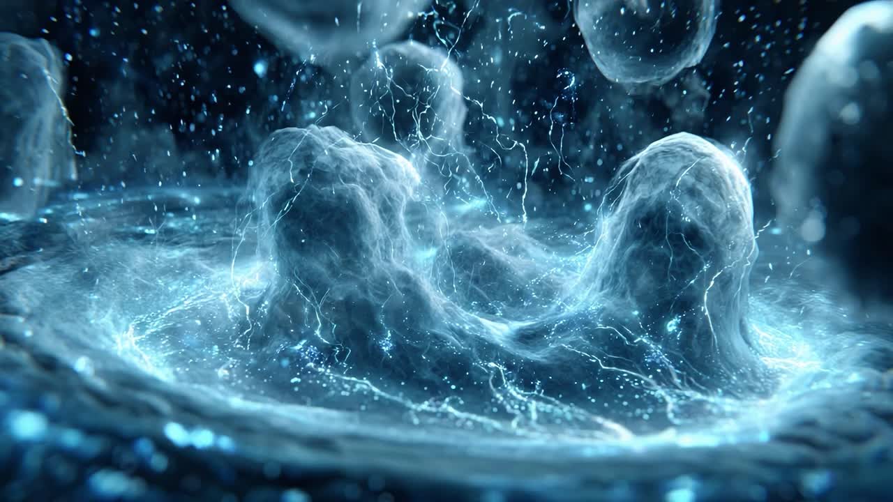 Dynamic Fluid Simulation Capturing the Essence of Energy Induced in a Vivid and Abstract Biological Environment with Light Reflections and Microcosmic Movement