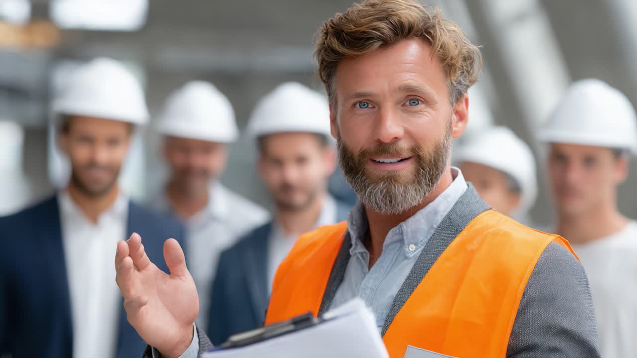 Inspiring Leadership: A Construction Supervisor Engaging His Team with Confidence and Authority, Fostering Collaboration and Safety in a Dynamic Work Environment