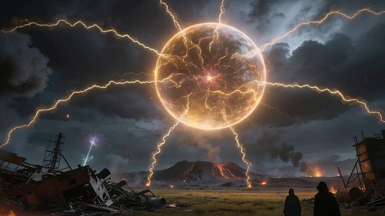 Orb surging, two cloaked figures watching golden sphere above volcano on scorched plain with bolts