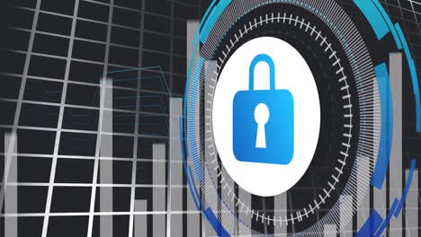animación del procesamiento de datos con el icono del candado sobre fondo azul