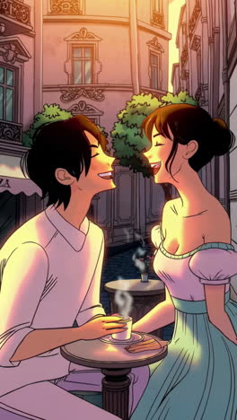 couple enjoying coffee in a parisian cafe at sunset