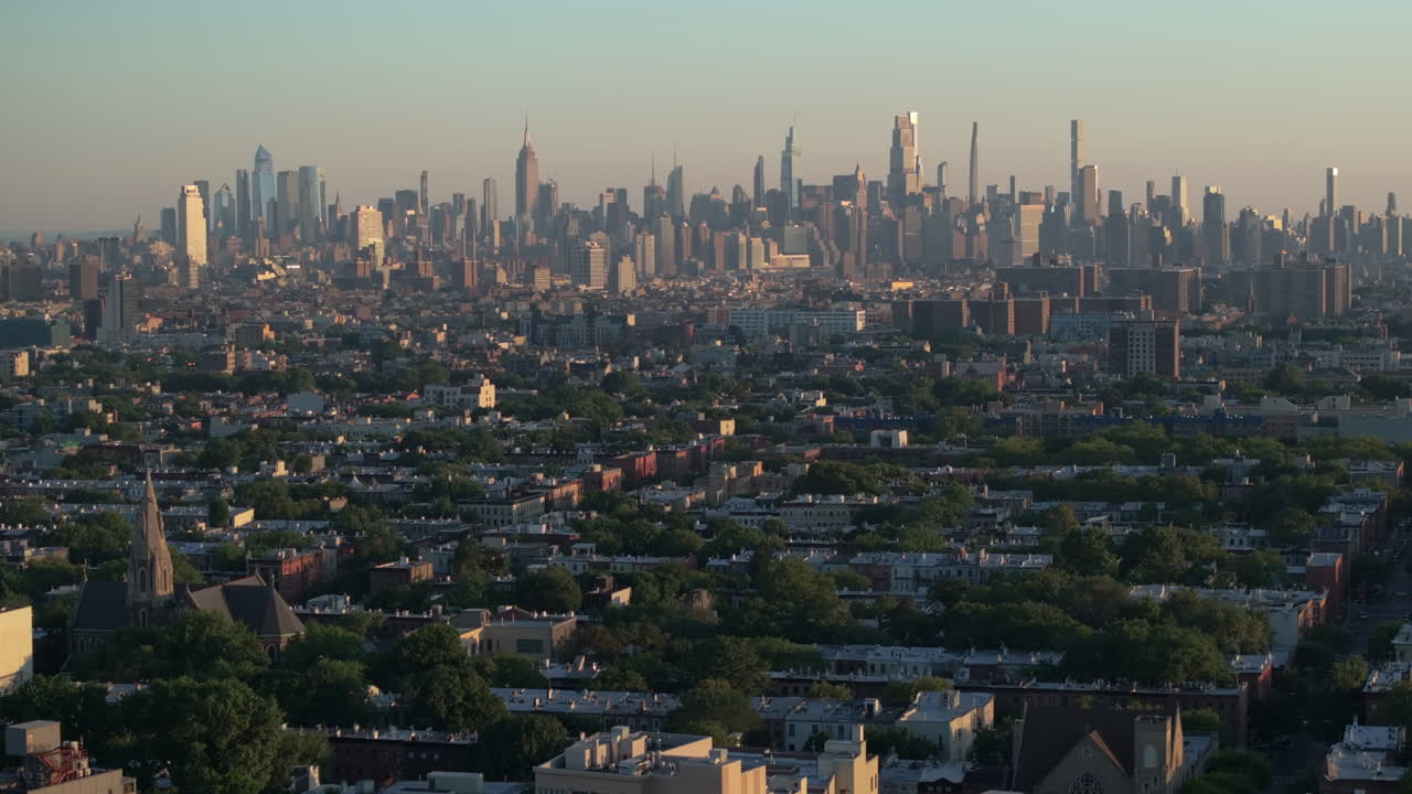 Aerial view of the New York City skyline at sunrise. Shot in Brooklyn