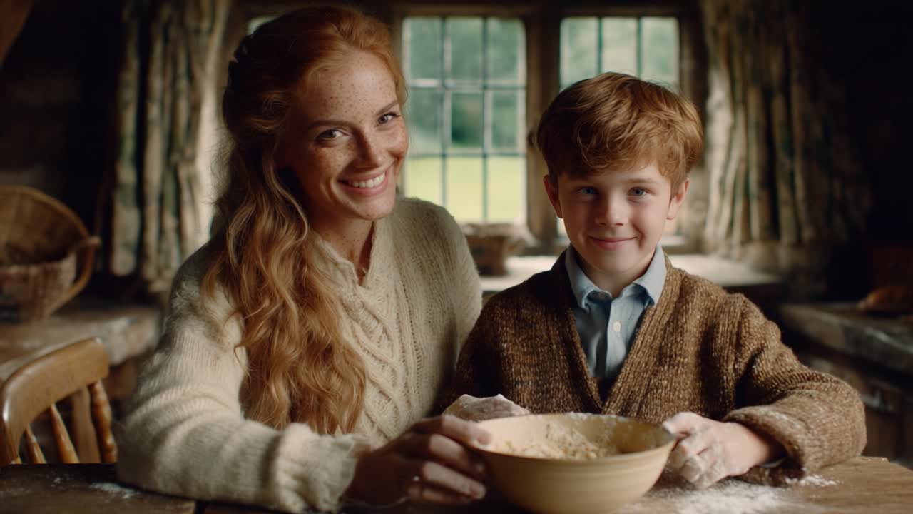 A Heartwarming Scene of a Mother and Child Together in a Cozy Kitchen, Enjoying Time While Preparing a Delicious Meal with Flour and Smiles