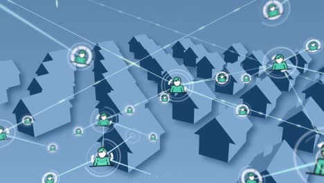 animation of network of connections with icons over rows of houses