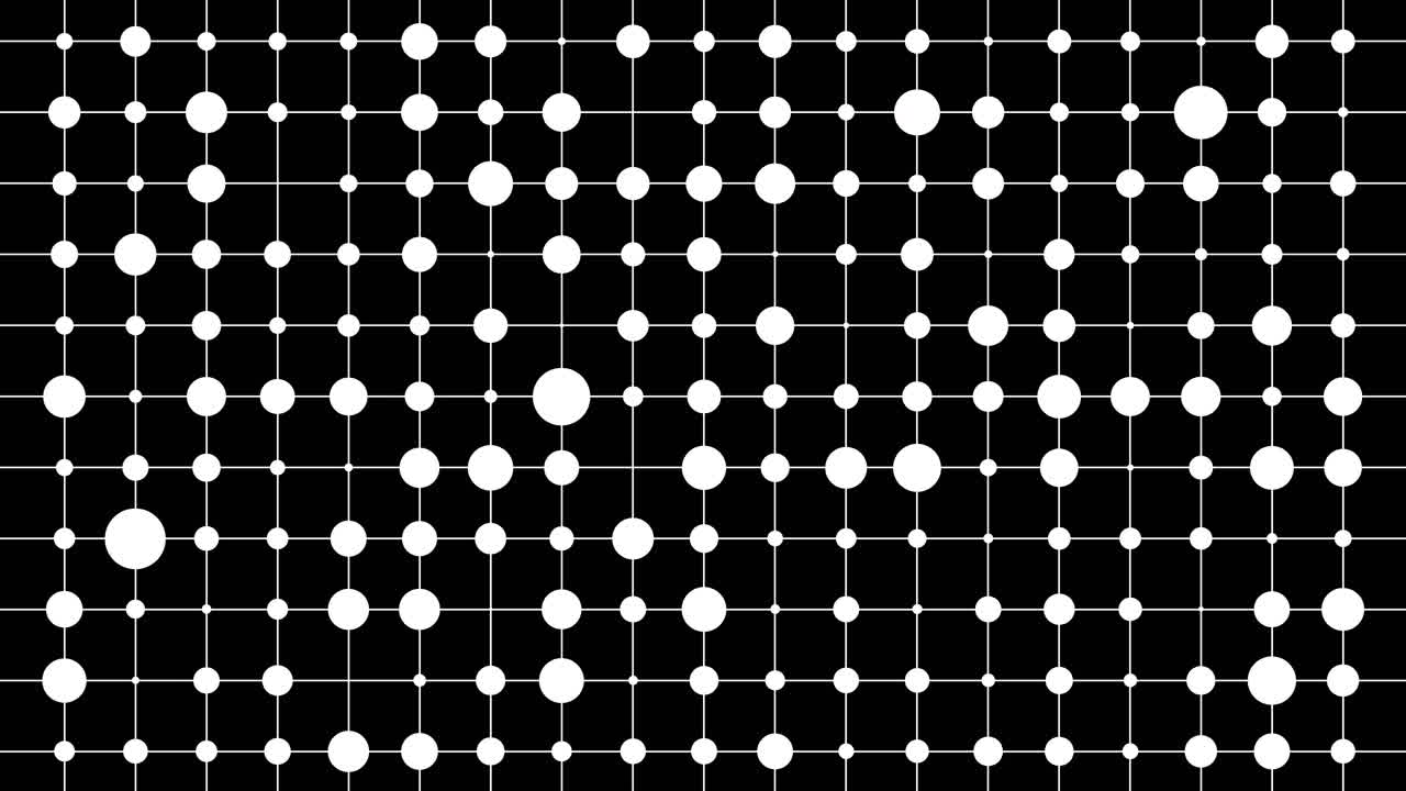 White glowing dots grid pattern with pulsing animation and changing circle sizes on black background in seamless loopable video