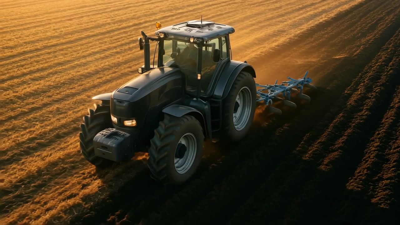 Trattore moderno che ara un campo agricolo al tramonto