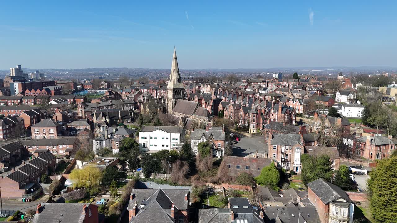 Houses and streets in Nottingham City UK drone,aerial blue sky