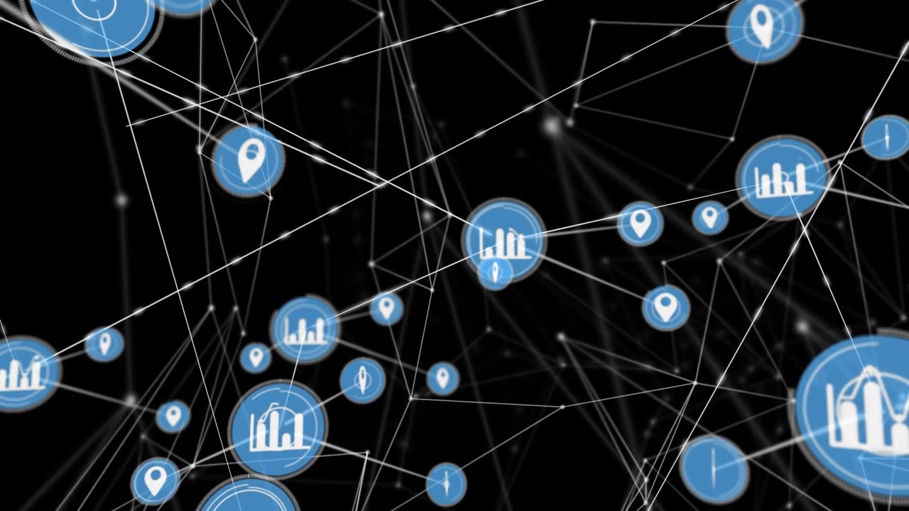 Animation of network of connections and digital icons against black background