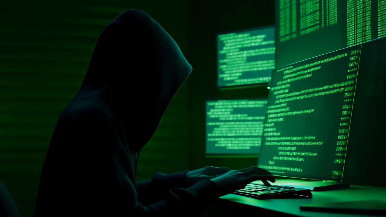 Hooded Figure At Computer Screen Shadowy Hacker Typing Code Under Green Terminal Glow, Night Office